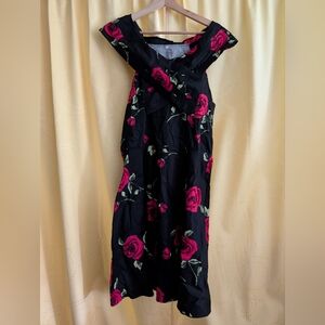 Black Floral Off-Shoulder Midi Dress with Pink/Red Roses